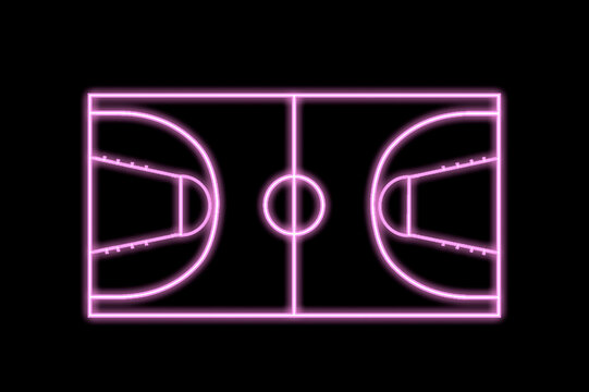 Pink neon, shiny glowing outline of Basketball court. Website or mobile application concept. Basketball court on top. - Powered by Adobe