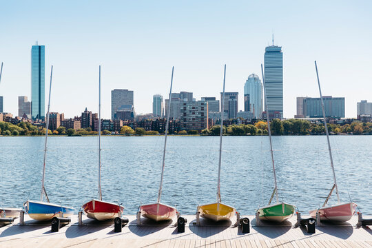 View of Back Bay Boston, Massachusetts On Charles River with colorful sailboats