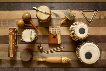 Overhead of hand drums and other percussion instruments