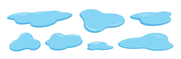 Vector cartoon set of puddles. Corlection of reservoirs isolated on white background. Blue clear water. Raindrops in a puddle of water. Rainy autumn, spring weather. Flat illustration.  Drawing ponds.