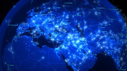 Global Communications over Asia and Europe. Arrows Fly Among Cities. Global Connections. Flight Paths. 3D Rendering. City Names: Warsaw, Moscow, Vienna, Copenhagen, Baku, Kabul, Karachi, Delhi.