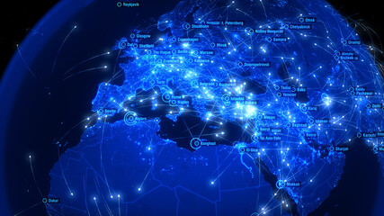 Fototapeta premium Global Communications over Asia and Europe. Arrows Fly Among Cities. Global Connections. Flight Paths. 3D Rendering. City Names: Warsaw, Moscow, Vienna, Copenhagen, Baku, Kabul, Karachi, Delhi.