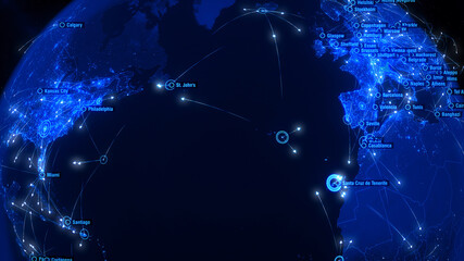 Global Communications over Europe, Africa and America. Arrows Fly Among Cities. Global Connections. Flight Paths. 3D Rendering. City Names: Detroit, Dublin, London, Madrid, Turin, Budapest, Sofia.