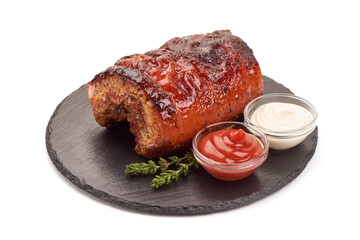 Traditional italian porchetta. Roasted pork belly roll, isolated on white background