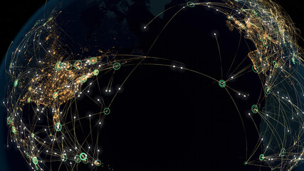 Many Arrows Fly Among Cities. Global Communications over America and Europe. Destinations All over the World. Flight Paths. 3d Rendering.