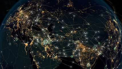 Many Arrows Fly Among Cities. Global Connections over Europe and Noth Hemisphere. Global Communications - Destinations all over the World. Flight Paths. City Lights. 3D Illustration.
