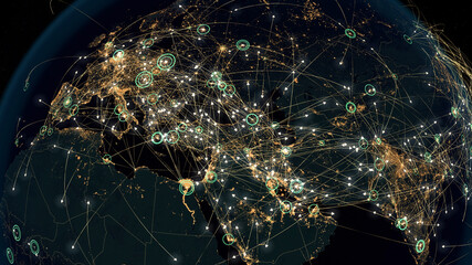 Many Arrows Fly Among Cities. Global Connections over Europe and Noth Hemisphere. Global Communications - Destinations all over the World. Flight Paths. City Lights. 3D Illustration.