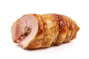 Traditional italian porchetta. Roasted pork belly roll, isolated on white background
