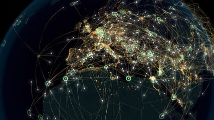 Many Arrows Fly Among Cities. Global Communications over Europe and North Africa. Destinations All over the World. Flight Paths. 3d Rendering. Cities:  © editableclips.com