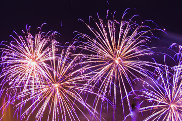 bright sparkling fireworks light lilac on the night sky.