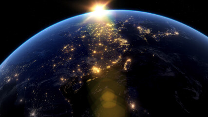 Beautiful Sunset over Asia. City Lights at Night. Planet Earth from Space. View from Space Satellite. 3D Rendering. Images from NASA.
