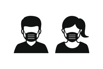 Man and woman wearing a face mask to prevent the spread of COVID-19 flat icon isolated on white background. Vector illustration