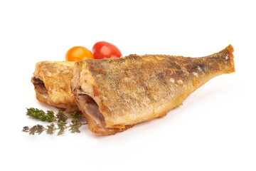 Fried perch fillet, isolated on white background