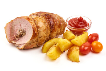 Homemade Rolled Porchetta Roast, isolated on white background