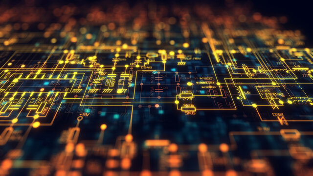 Electronic / Electric Project. Electronic Diagram: Capacitors, Resistors, Transistors, Diodes. Schematics And Diagrams Of The Electric Circuit. The Depth Of Field. 3d Illustration.