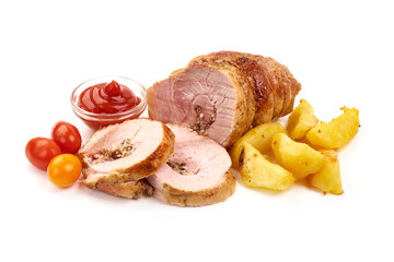 Traditional italian porchetta. Roasted pork belly roll, isolated on white background