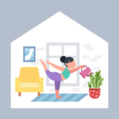 Girl or woman doing yoga at home. Exercises for health, posture, relaxation, meditation, concentration. Stay at home. Flat interior, furniture. Morning routine workout, vector illustration.