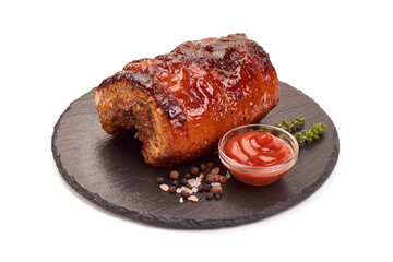 Traditional italian porchetta. Roasted pork belly roll, isolated on white background