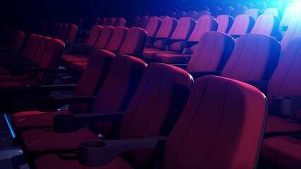 Rows Of Red Chairs In Dark Cinema Theater. Empty Cinema Seats in Theatre for Movies. 3D Illustration.