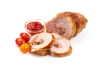 Homemade Rolled Porchetta Roast, isolated on white background