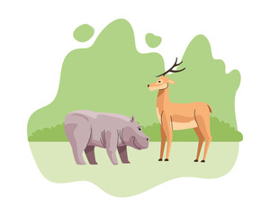 wild hippopotamus and reindeer animals nature icons
