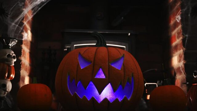 4k vidoe of pumpking changing colours on spooky fire place. wram flickering backlight