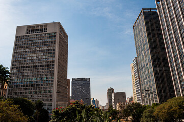 Fototapeta na wymiar View from Avenida Paulista with buildings in São Paulo with blue sky and sunny day