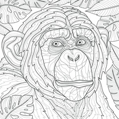 Chimpanzee Tropical Leaves. Animal.Coloring book antistress for children and adults. Zen-tangle style.Black and white drawing