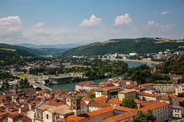 Naklejka na ściany i meble High angle view of city of Vienne and the Rhone River, France.
