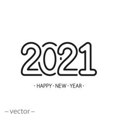 2021 happy new year icon, logo for calendar, christmas design, thin line web symbol on white background - editable stroke vector illustration eps10