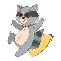 Cute raccoon superhero isolated on white background. Animal character hero with mask and cloak. Cartoon vector illustration in hand drawn style. Design for children's books, print, poster, fabric.