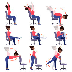 Instructions black girl doing office chair yoga. Set of women workout for healthy back, neck, arms, legs. Sport exercises for wellbeing of workers. Vector illustration isolated on white background.