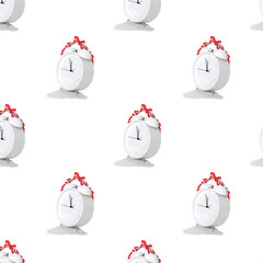 Pattern. White clock alarm clock on a white background.