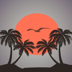 Coconut trees and birds at sunset