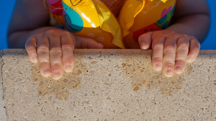 Children's hands are held on the side of the pool.