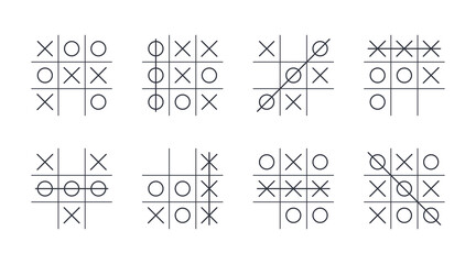Tic-tac-toe game. Editable stroke. Win and draw, different options for the course of the game. Vector set of examples of logic games