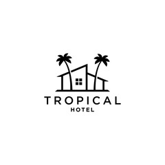 house with palm tree logo vector, tropical beach home or hotel icon design illustration