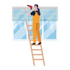 woman cartoon with construction drill on ladder design of working maintenance workshop and repairing theme Vector illustration