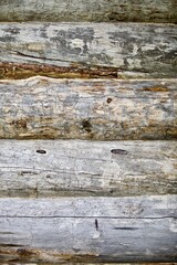 Pine log walls texture close up. Wooden Log cabin walls made from an arctic pine. The frame of a wooden blockhouse. The wall surface fragment  of a log village house. Old pine log wall full frame.