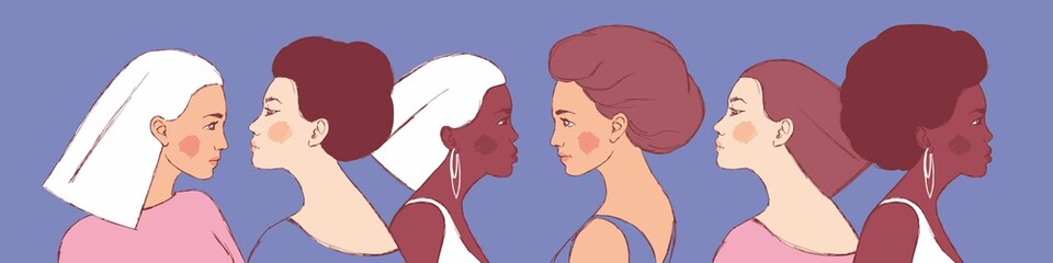 Collage of women's profiles of different nationalities. African, asian, european women with hairstyle. Beauty salon image. Fashion illustration, hand-drawn, vector. International woman's day.
