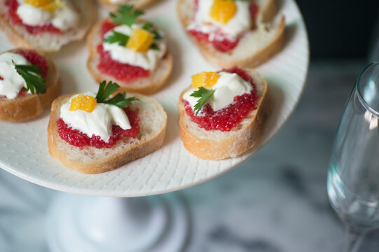 Close-up of fish roes canapes