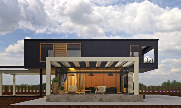 3d render of luxury villa house at cloudy day