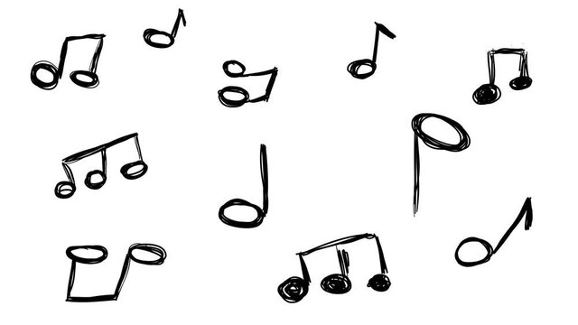 Set of many music notes sketch doodles being animated. Hand-drawn moving scribble on white background.