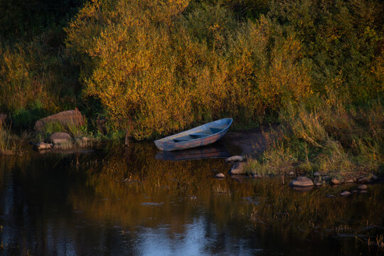 Atmospheric photograph of abandoned boats on the river bank.