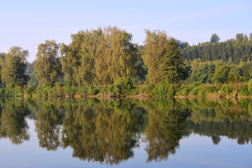 Fototapeta na wymiar On a quiet autumn morning, trees are reflected in the water by a calm lake