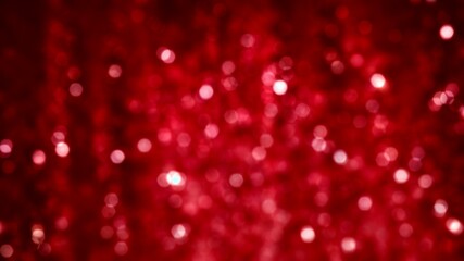 Red sparkle glitter tinsel with bokeh effect and selective focus. Festive background with bright gold raining lights. Abstract 3D illustration Christmas and New Year's Eve concept texture template.