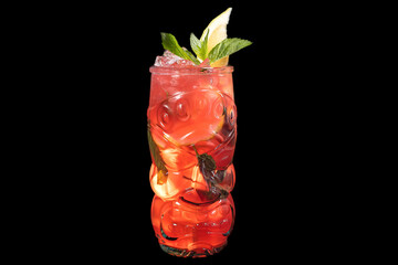 Fresh strawberry lemonade with ice cubes in art glass,