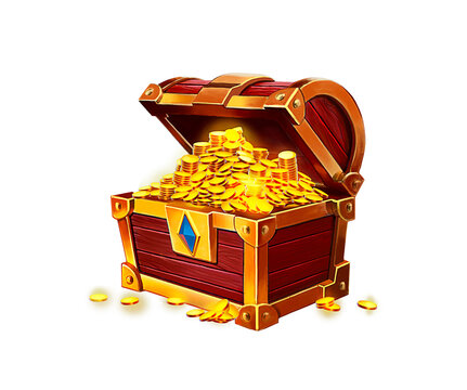 Golden chest open realistic illustration isolate. Antique jewelry box 3D illustration. A handful of gold coins.