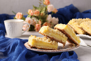 Viennese Grated biscuits with curd filling on grey background, horizontal format