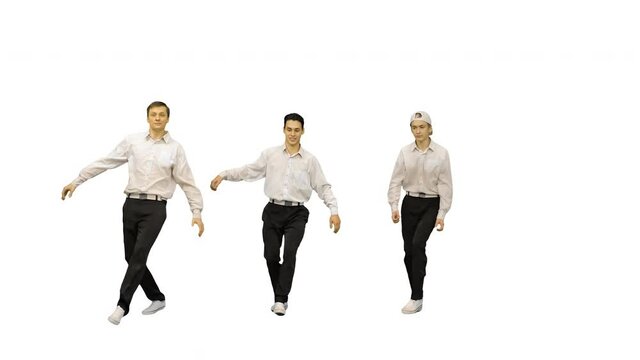 Three guys in white shirts dancing in synch looking at camera on white background.